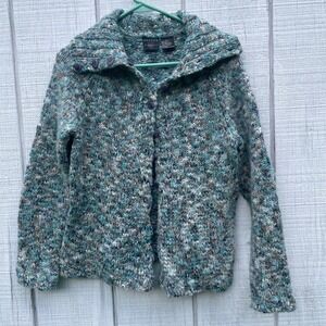 Tailor B. Moss Cardigan Sweater Chunky Knit Button Front Blue Brown Wool Blend L